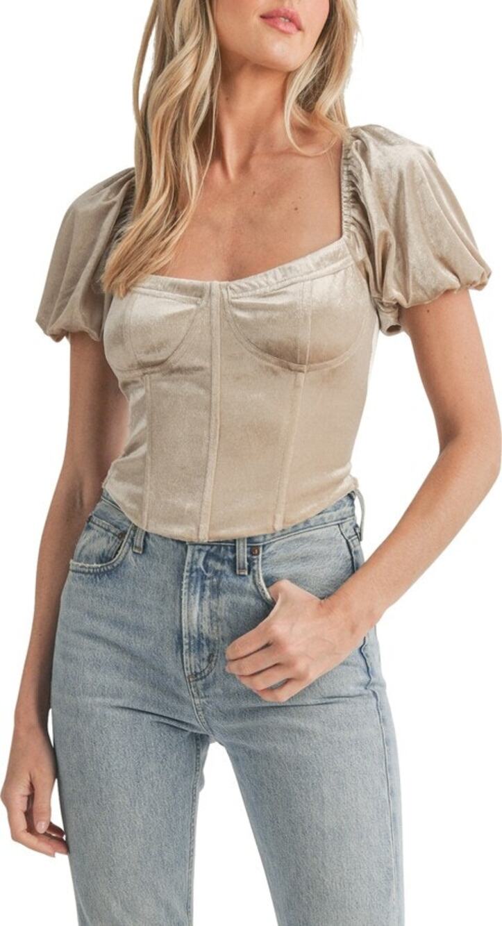 All in Favor Velvet Corset Puff Sleeve Top Champagne Cream Brown Size M Bustier